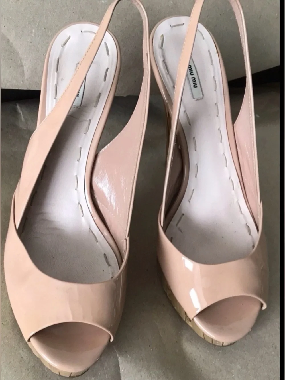 Miu Miu Blush Pink Patent Leather Peep-Toe Slingback Heels